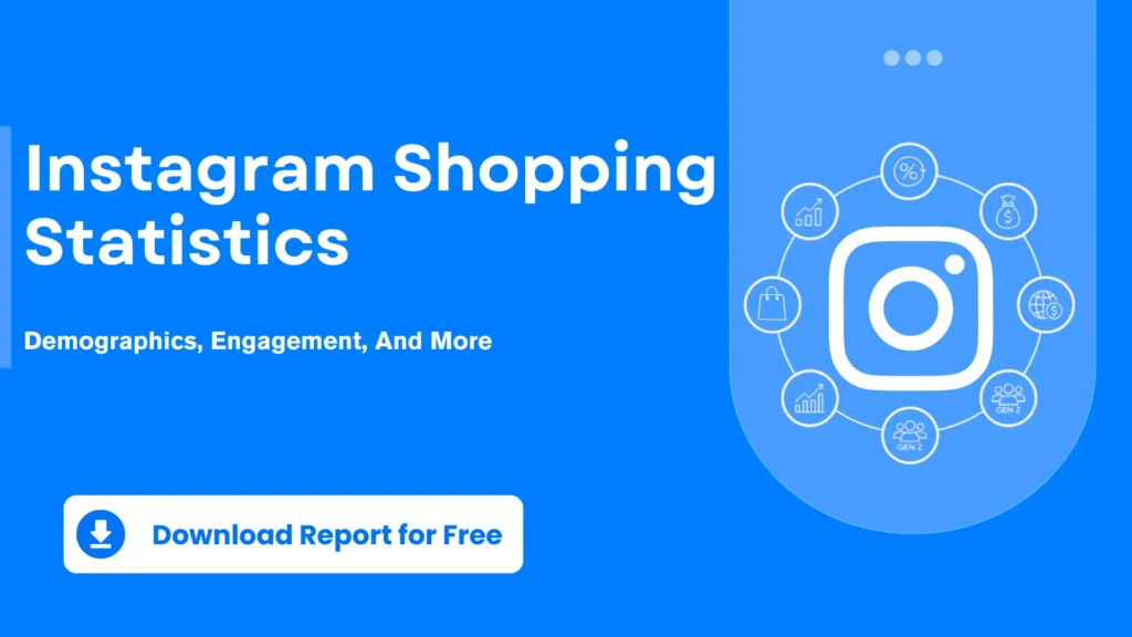 Featured image for an Instagram Shopping Statistics blog post showing a blue background with the Instagram logo surrounded by shopping and analytics icons.